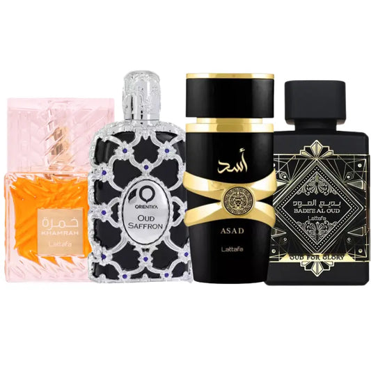 Zestaw 4 perfum | Asad, Oud For Glory, Khamrah, Oud Saffron